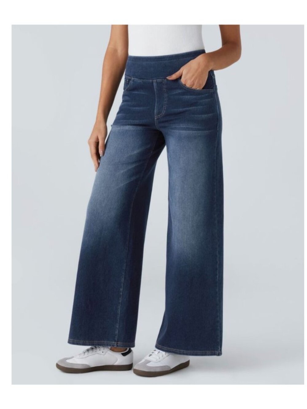 Halara XS Petite Athleisure Wide-Leg Denim Pants With Elastic Waistband Stretchy